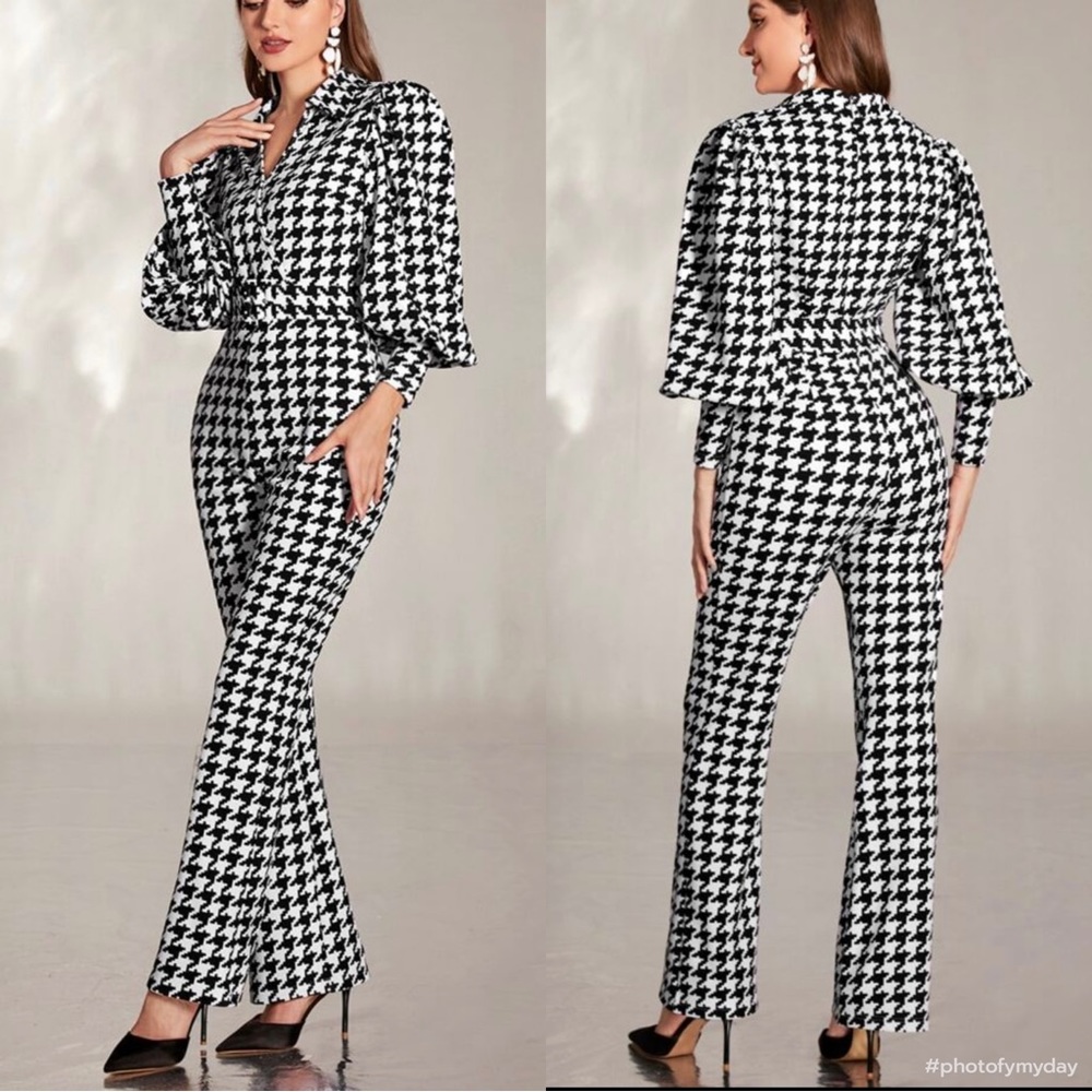 Classic Houndstooth Puffed Cuffed Long Sleeve Collar Belted Jumpsuit Flare Pants - Picture 1 of 6